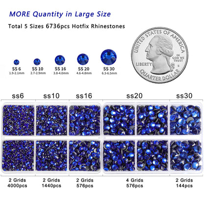 6736pcs Hotfix Rhinestones Flatback,Royal Blue Rhinestones for Crafts Clothes Mixed 5 Sizes, Hotfix Crystals with Tweezers and Wax Pencil Kit, SS6-SS30,Sapphire