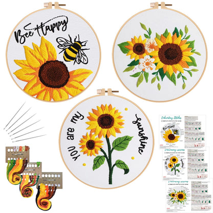 3 Sets Sunflowers Embroidery Kit for Beginners,Cross Stitch Kits for Adults with Summer Flowers Bee Stamped Pattern,Starters Needlepoint with Embroidery Instruction