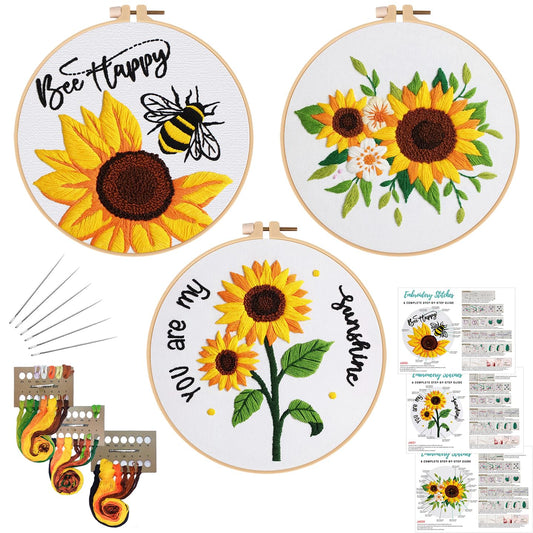 3 Sets Sunflowers Embroidery Kit for Beginners,Cross Stitch Kits for Adults with Summer Flowers Bee Stamped Pattern,Starters Needlepoint with Embroidery Instruction