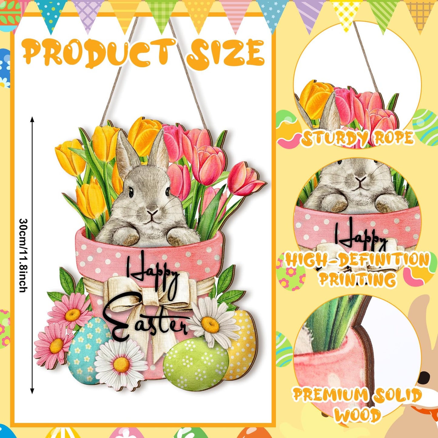 Happy Easter Hanging Sign for Front Door Wooden Easter Decoration for Home Indoor Outdoor Wall(Cute Rabbit)