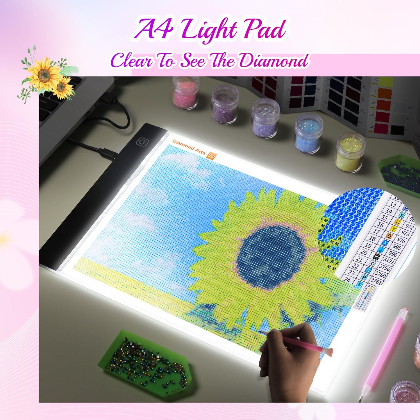 A4 Diamond Art Light Board, Ultra-Thin Light Pad for Painting, Light Table Tracing Light Box for Drawing, Tattoo, Weeding Vinyl, Sketching, Painting Accessories Gifts for Her, Kids, Him