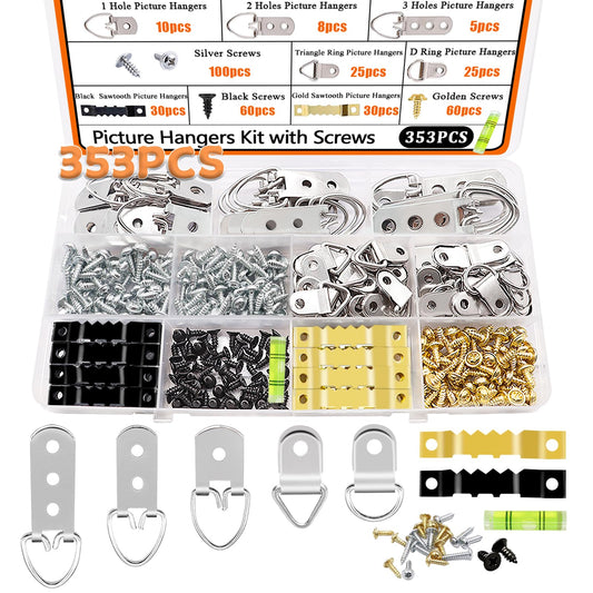 353PCS Picture Hanging Kit with Screws, Saw-Tooth, D Ring Picture Hangers Assortment, Picture Hanging Hardware Tool for Frame Hanging - 7 Models