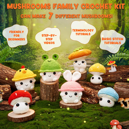Crochet Kit for Beginners, Crochet Starter Kits for Adults Amigurumi Craft Knitting Crocheting Kits with Step-by-Step Video Tutorials, Mushroom Family(40%+ Yarn