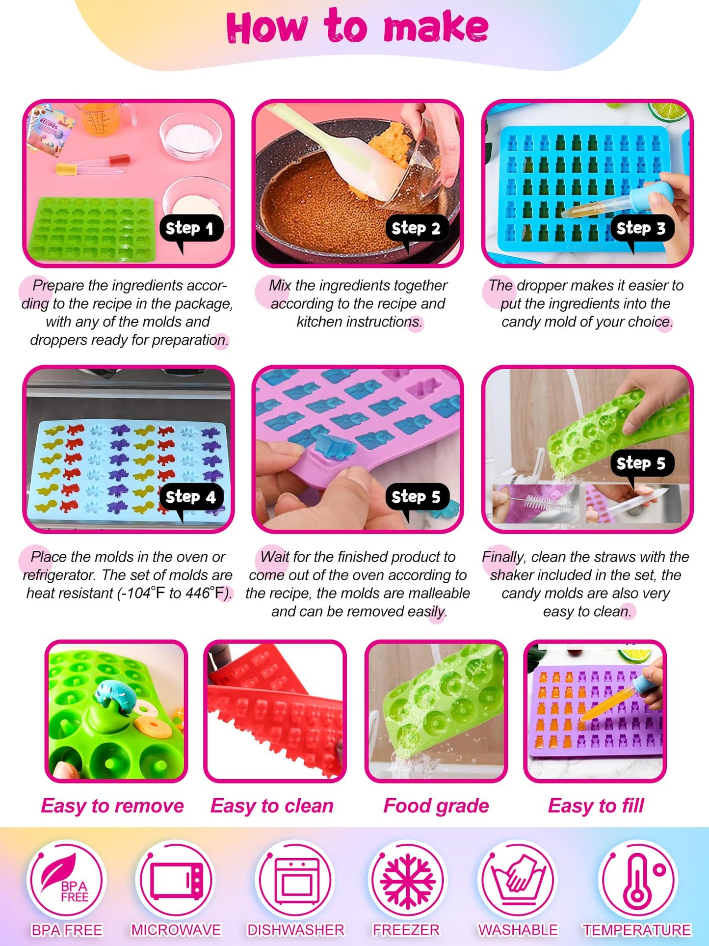 117 Pcs Gummy Bear Mold Silicone,with Candy Recipes、Droppers and Wrappers Card,Non-Stick Food Grade Chocolate Candy Gummy molds，Including Mini Dinosaur, Bear, Animals, Fruits and Mini Donut Molds