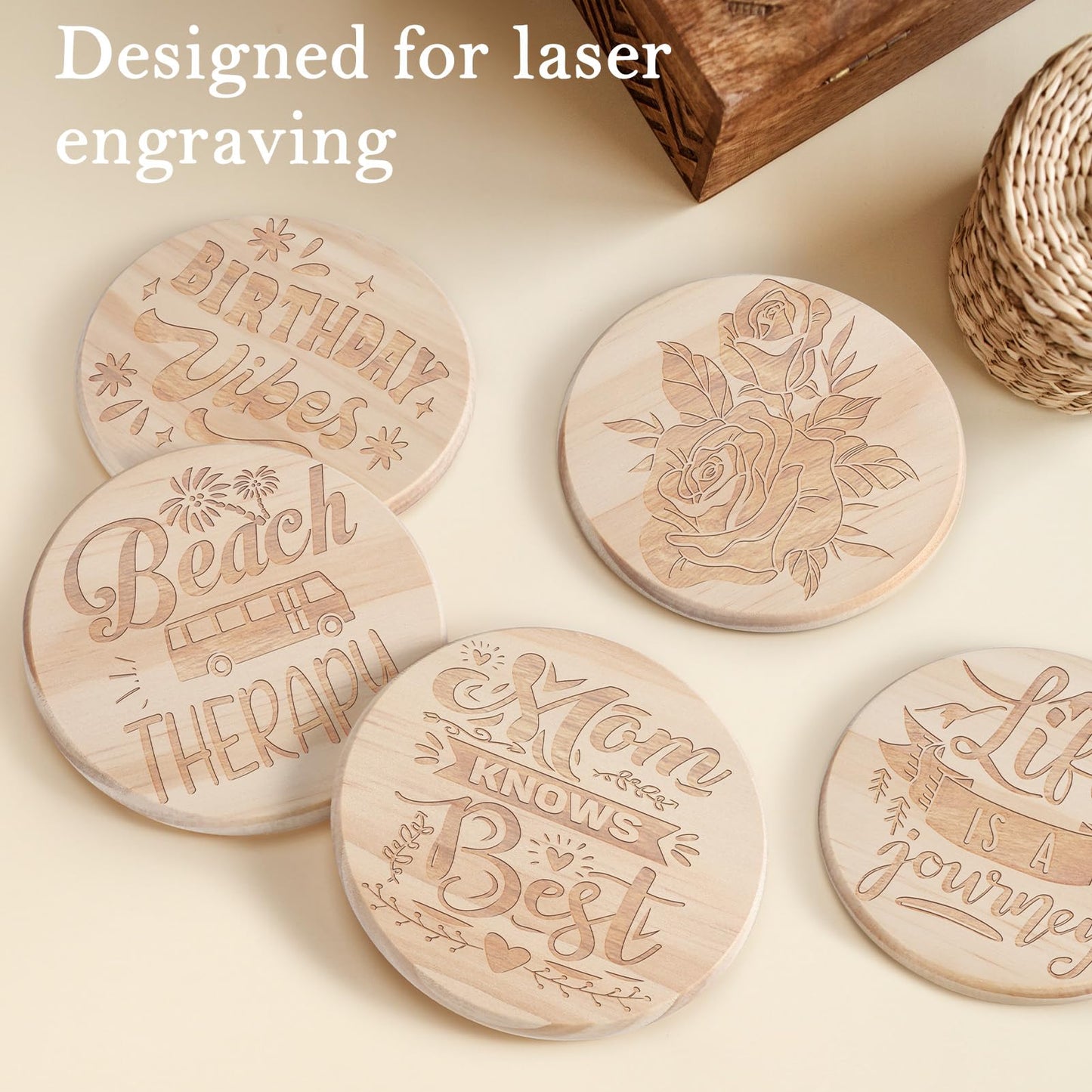 12 Pieces Unfinished Wood Coasters, GOH DODD 4 Inch Wooden Slices Blanks Bulk Set with Foot Pads for Drinks Crafts Laser Engraving Wood Burning Staining Painting Decoupage Wedding Halloween, Round
