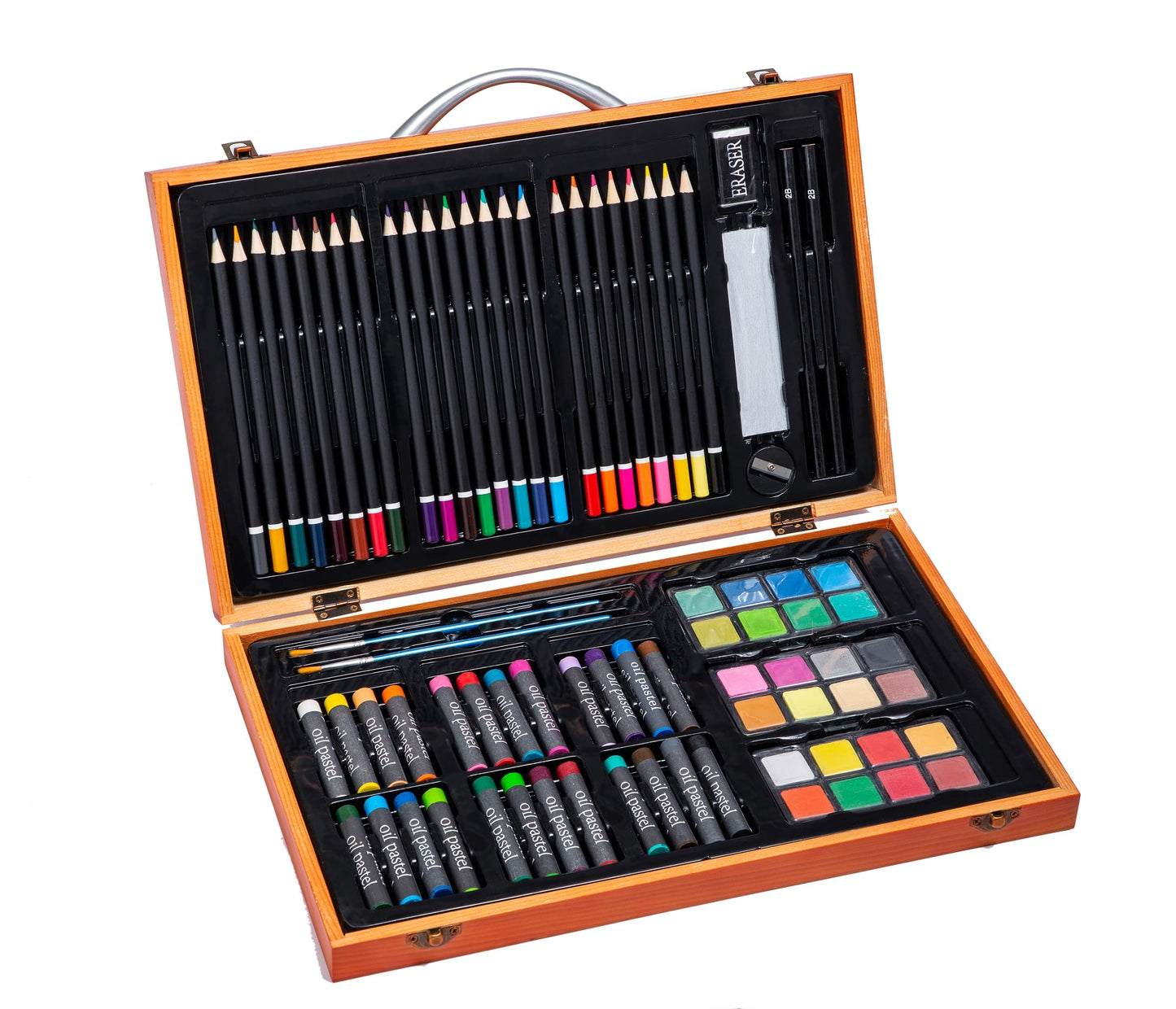US 80+Piece Deluxe Artist Studio Creativity Set Wood Box Case - Art Painting, Sketching Drawing Set, 24 Watercolor Paint Colors, 24 Oil Pastels, 24 Colored Pencils, 2 Brushes, Starter Kit