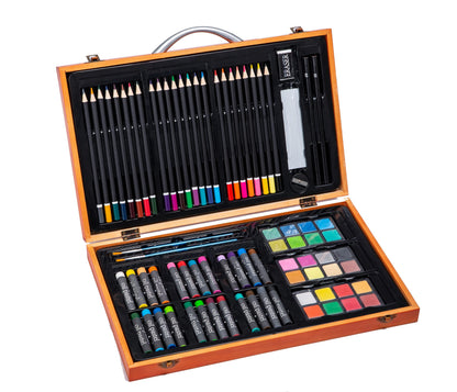 US 80+Piece Deluxe Artist Studio Creativity Set Wood Box Case - Art Painting, Sketching Drawing Set, 24 Watercolor Paint Colors, 24 Oil Pastels, 24 Colored Pencils, 2 Brushes, Starter Kit