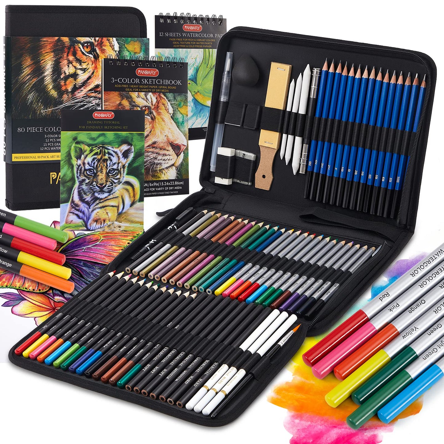 80 Pack Drawing Set Sketching Kit, Pro Art Supplies with 3-Color Sketchbook, Watercolor Pad, Colored, Graphite, Charcoal, Metallic Pencil, for Artist Adults Kids Beginner