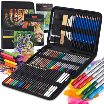 80 Pack Drawing Set Sketching Kit, Pro Art Supplies with 3-Color Sketchbook, Watercolor Pad, Colored, Graphite, Charcoal, Metallic Pencil, for Artist Adults Kids Beginner