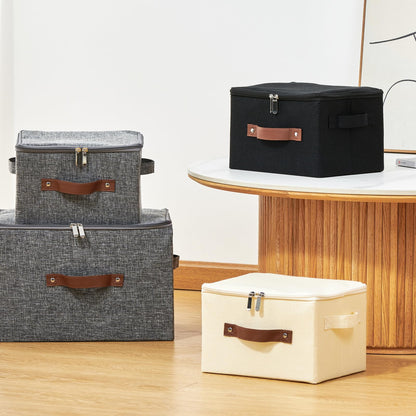 Storage Bins with Zipper Lid Cotton Linen Fabric Lidded Storage Baskets Boxes Foldable Washable Closet Shelf Clothes Organizer Container with PU Leather Handles (Gray, Small Size)