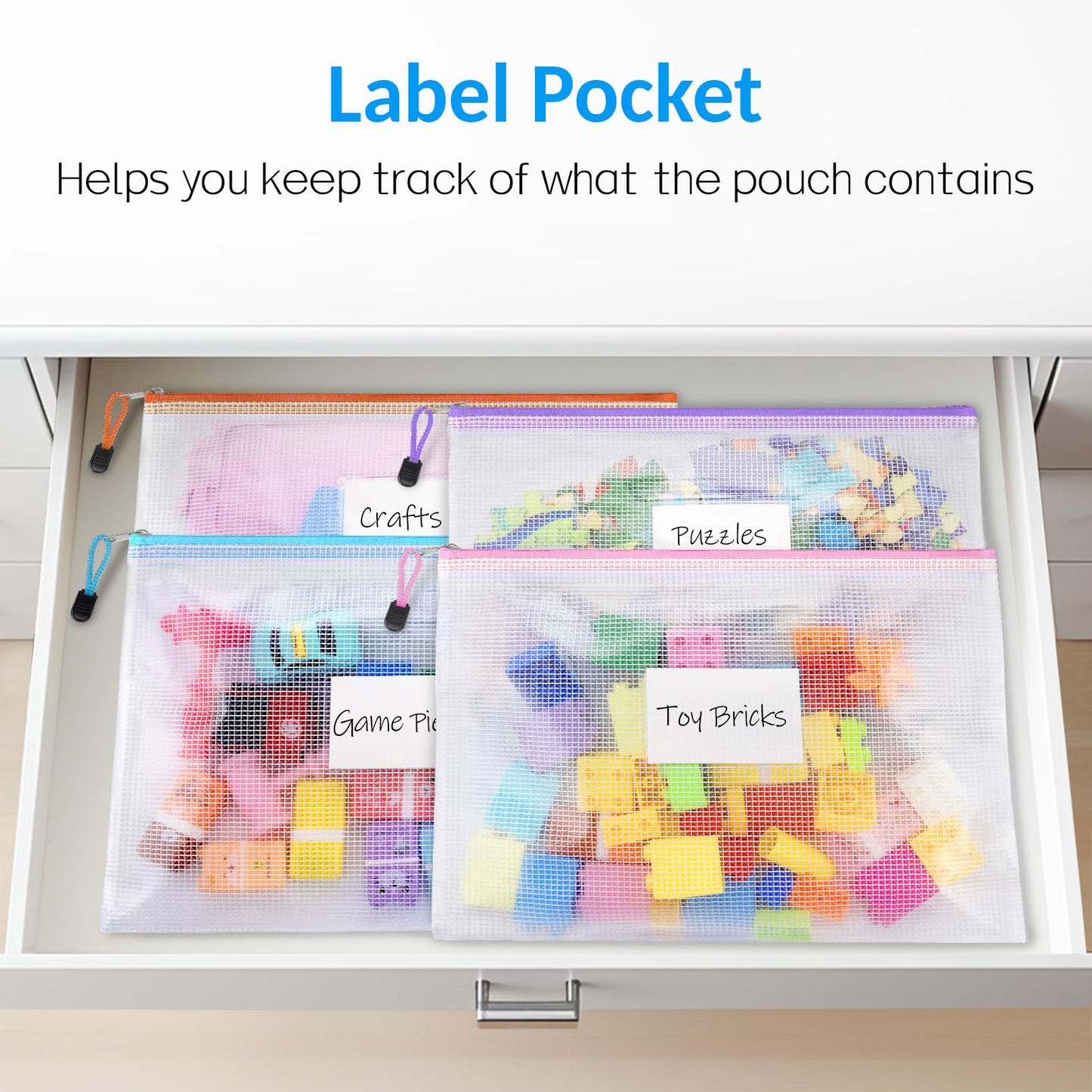 20 Pack Mesh Zipper Pouch Bags, A4 Letter Size, Zipper Bags with Label Pocket, Waterproof Zipper Pouches for Classroom Organization, Board Game Storage, Document Bag for Office School Supplies