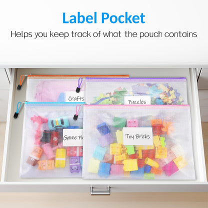20 Pack Mesh Zipper Pouch Bags, A4 Letter Size, Zipper Bags with Label Pocket, Waterproof Zipper Pouches for Classroom Organization, Board Game Storage, Document Bag for Office School Supplies