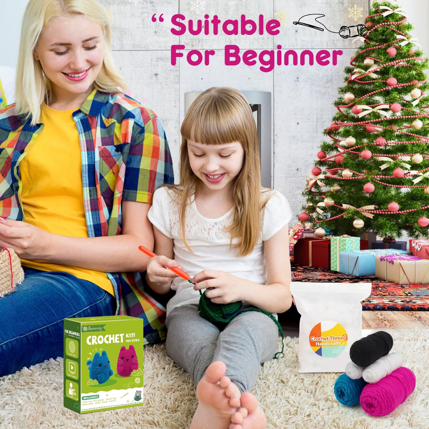 Crochet Kit for Beginners Crocheting: Crochet Animal Kits for Kids & Adults - Learn to Knitting Cat Amigurumi Starter Kit with Detailed Tutorial Video and Instructions (40%+ Yarn Extra)