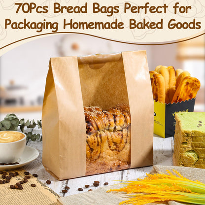 70 Pcs of Bread Bags for Homemade Bakery Bread, Sourdough Bag with Window, 13.7 x 8.3 x 3.5 Inch Large Kraft Bakery Bags with 72 Sealing Stickers, Packaging and Storage of Baked Goods