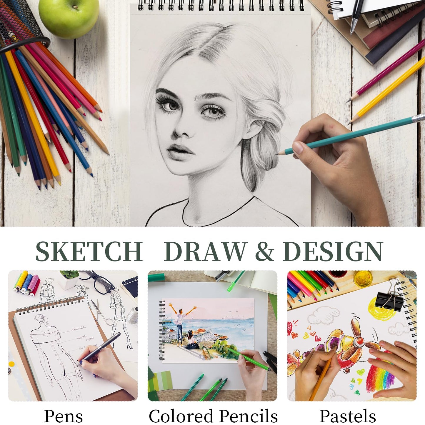 Sketch Book 9x12, Drawing Paper Pad,100 Sheets, Top Spiral Sketch Pad, 68lb/100gsm Sketchbook for Kids, Art Supplies for Adults, White.