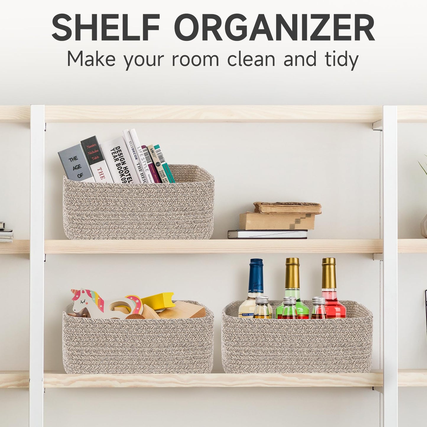 3-Pcs Shelf Baskets for Organizing | Storage Basket for Shelves | Small Woven Baskets | Rope Toy Basket | Closet Organizer Bins | Cube Decorative Box | 11.8×7.8×5.1” | Mixed brown