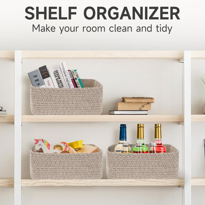 3-Pcs Shelf Baskets for Organizing | Storage Basket for Shelves | Small Woven Baskets | Rope Toy Basket | Closet Organizer Bins | Cube Decorative Box | 11.8×7.8×5.1” | Mixed brown