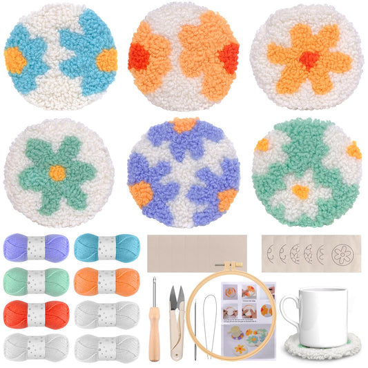 Daisy Punch Needle Kit for Beginners with Pattern, Simple Paint with Yarn Coaster Kit, Punch Needle, Embroidery Hoop, Tufting Cloth