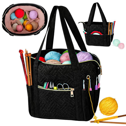 Crochet Bag Organizer for Yarn Storage, Velvet Knitting Tote Bag with Double Handle for Crochet Accessories, Portable Travel Case for Yarn Balls, Crochet Hooks& Knitting Needles Holder (Black)