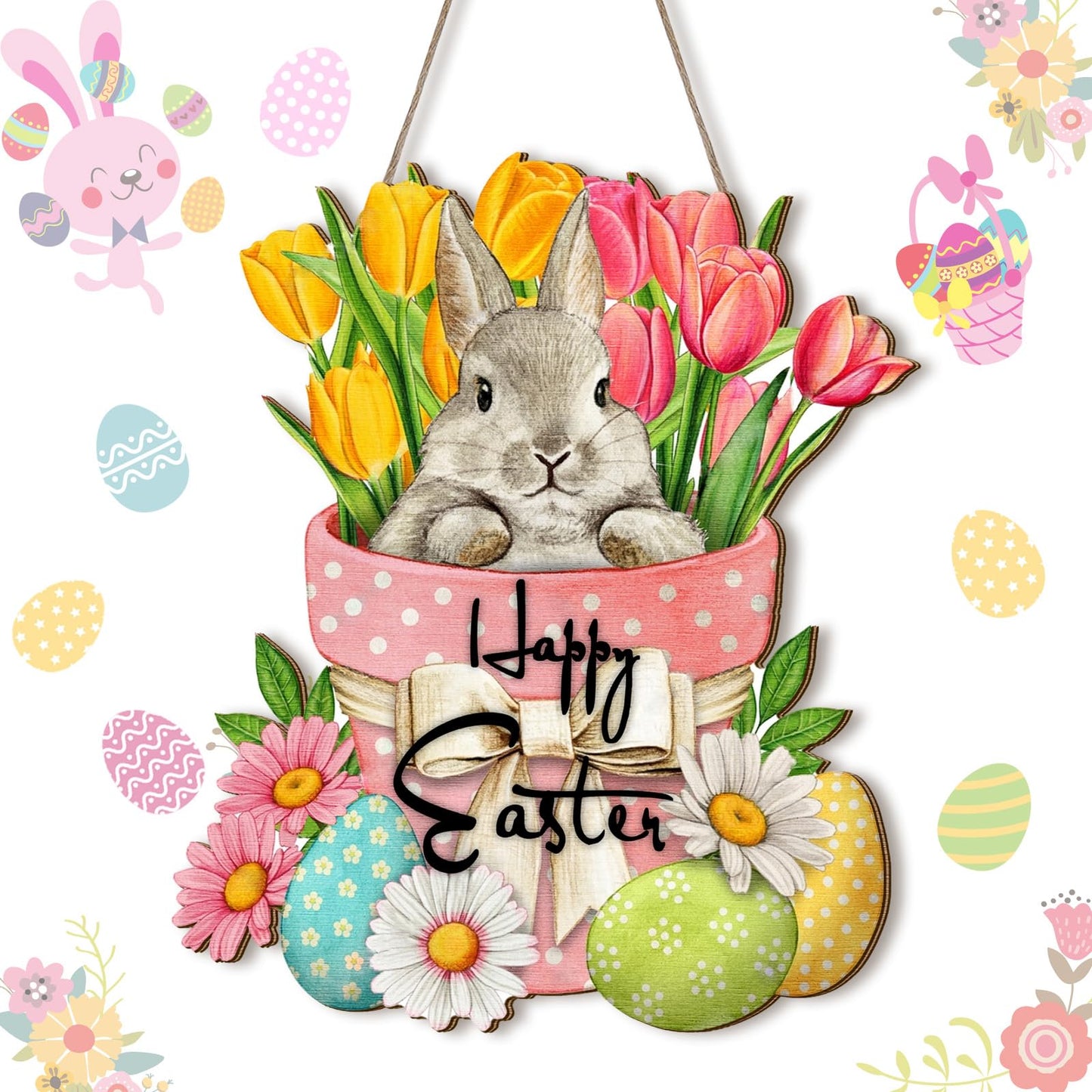 Happy Easter Hanging Sign for Front Door Wooden Easter Decoration for Home Indoor Outdoor Wall(Cute Rabbit)
