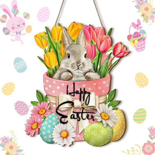 Happy Easter Hanging Sign for Front Door Wooden Easter Decoration for Home Indoor Outdoor Wall(Cute Rabbit)