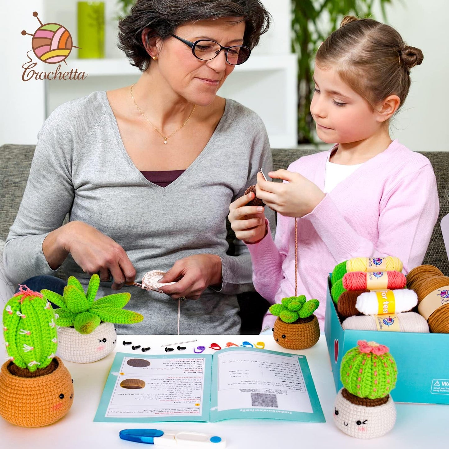 Crochet Kit for Beginners - Crochet Starter Kit with Step-by-Step Video Tutorials, Learn to Crochet Kits for Adults and Kids, DIY Knitting Supplies, 4 Pack Plants Family(40%+ Yarn)