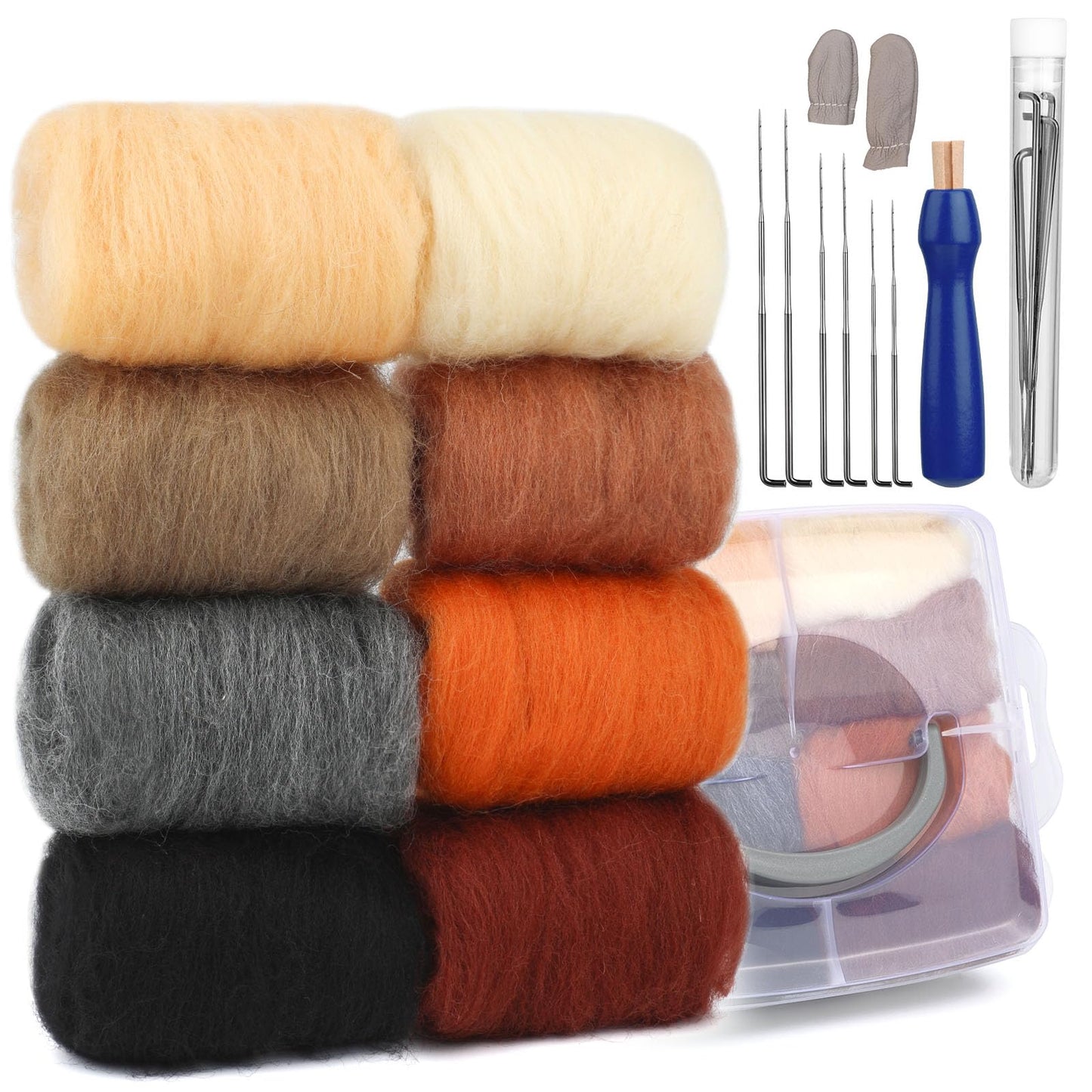 Needle Felting Kit, Needle Felting Starter Kit, 8 Colors Wool Roving Yarn with Wool Felt Tools for Beginners Spinning Felting Supplies, 8g/Color (Dark)