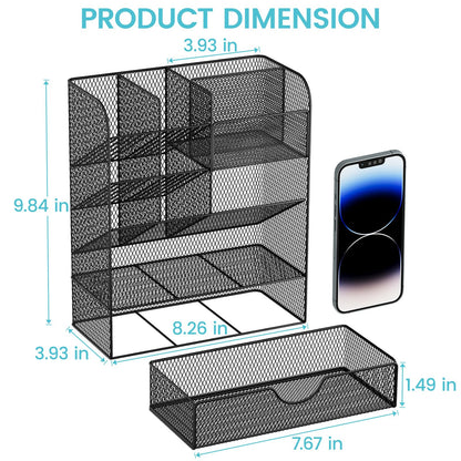 Desk Organizers and Accessories, Pen Holder for Desk Organizer with Drawer, Pencil Holder Office Desk Accessories Workspace Desktop Organizer for School Home Office Art Supplies（Black）