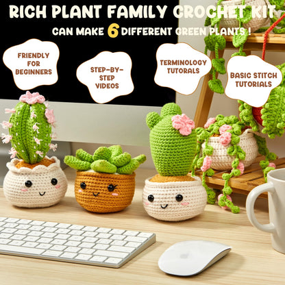 Crochet Kit for Beginners, Crochet Starter Kits for Adults Amigurumi Craft Knitting Crocheting Kits with Step-by-Step Video Tutorials, 6 Pack Hanging Potted Plants Family(40%+ Yarn