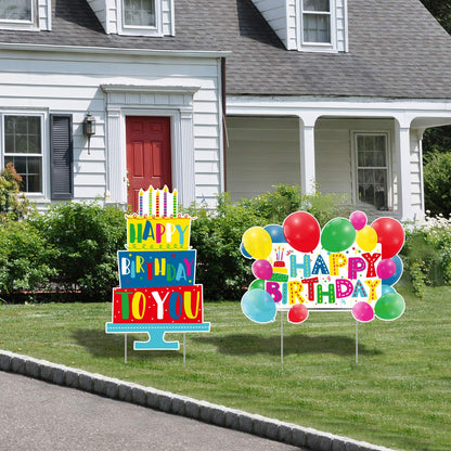 2 Pack Outdoor Lawn Decorations - Birthday Cake & Balloons Yard Signs with Stakes for Home Party Decorations