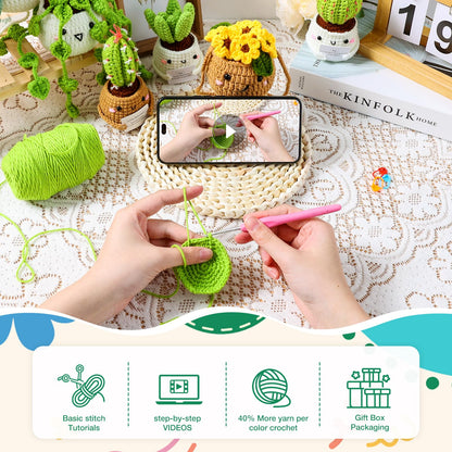 Crochet Kit for Beginners with Step by Step Video Lessons | 6 PC Potted Plants and Succulent Family Crochet Kit with Accessories (40%+ Yarn)