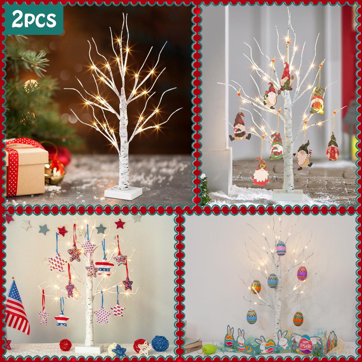 White Birch Tree with LED Lights - Set of 2, Tabletop Tree with Timer, Christmas Decorations Lighted Tree for Indoor Mantel Home Decor (2 FT, 24 LED)