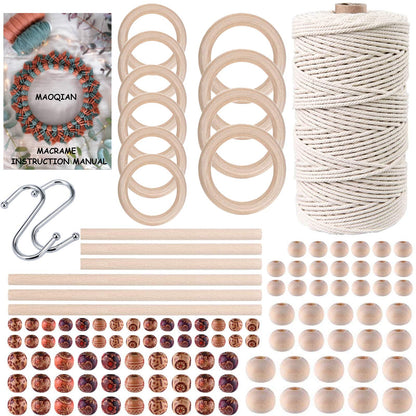 120pcs Macrame Kits for Beginners 3mm x 109yards Natural Cotton Macrame Cord with Wooden Beads & Rings,Wooden Sticks,Metal Rings Macrame Supplies Best for Macrame Plant Hanger