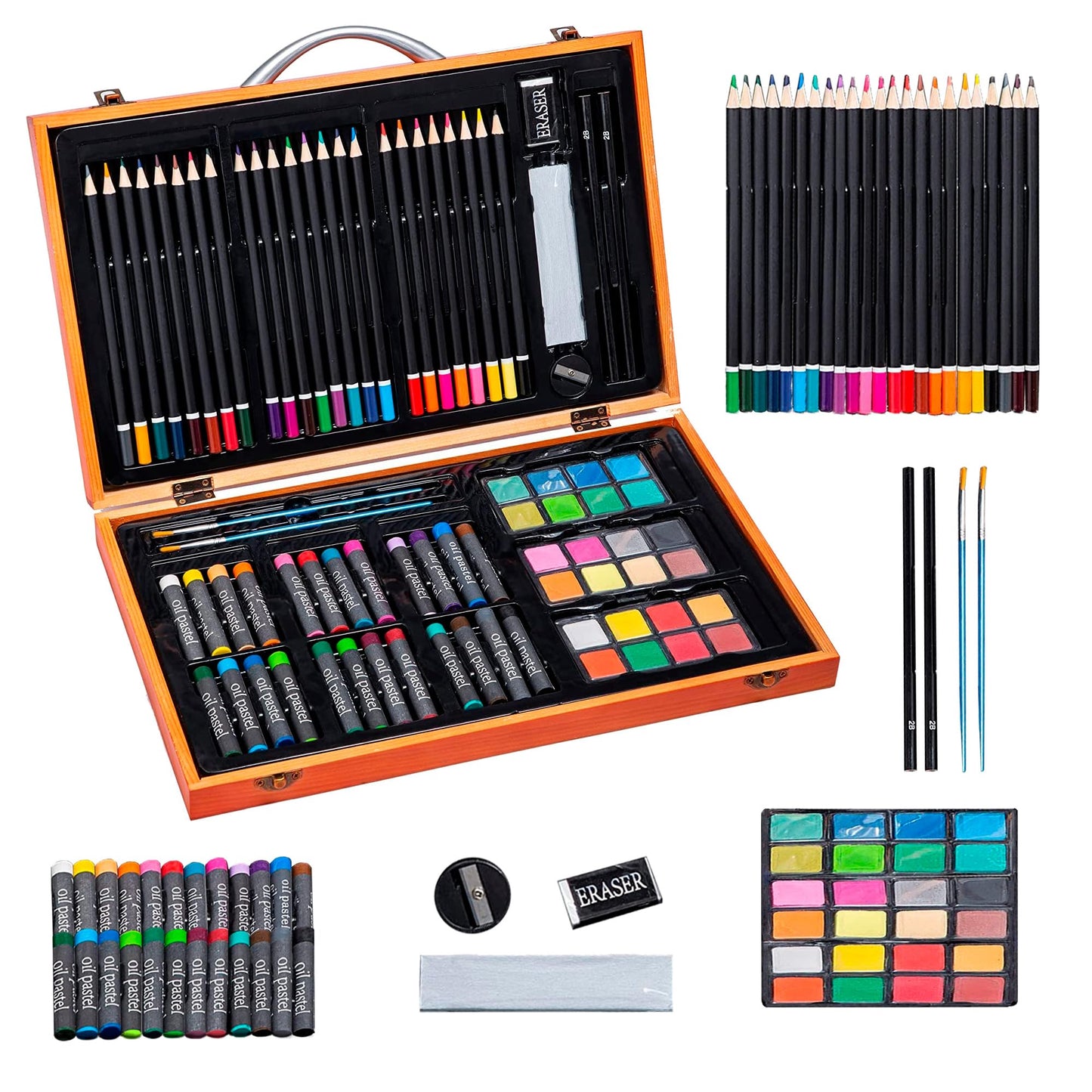 US 80+Piece Deluxe Artist Studio Creativity Set Wood Box Case - Art Painting, Sketching Drawing Set, 24 Watercolor Paint Colors, 24 Oil Pastels, 24 Colored Pencils, 2 Brushes, Starter Kit