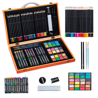 US 80+Piece Deluxe Artist Studio Creativity Set Wood Box Case - Art Painting, Sketching Drawing Set, 24 Watercolor Paint Colors, 24 Oil Pastels, 24 Colored Pencils, 2 Brushes, Starter Kit