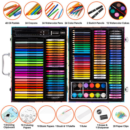 Art Supplies, 180 Piece Drawing Painting Art Kit with Clipboard and Coloring Papers, Gifts Art Set Case with Oil Pastels, Crayons, Colored Pencils, Watercolor Cakes