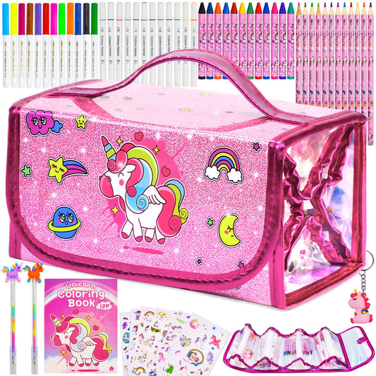 Unicorn Washable Markers Set 59 pcs with Glitte Pencil Case, Arts Coloring Set for Kids Age 4-6-8, Birthday Gifts for Girls 5 6 7 8 9 Years Old, Art and Crafts Supplies with Sticker