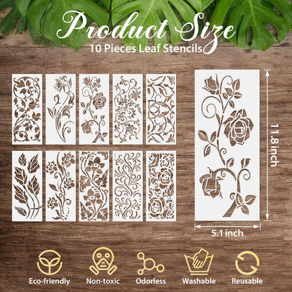 10 Pieces Leaf Painting Stencils Leaf Floral Wall Stencil Botanical Leaves Reusable DIY Crafts Drawing Templates Stencils for Painting on Wood Wall Canvas Card Home Decor