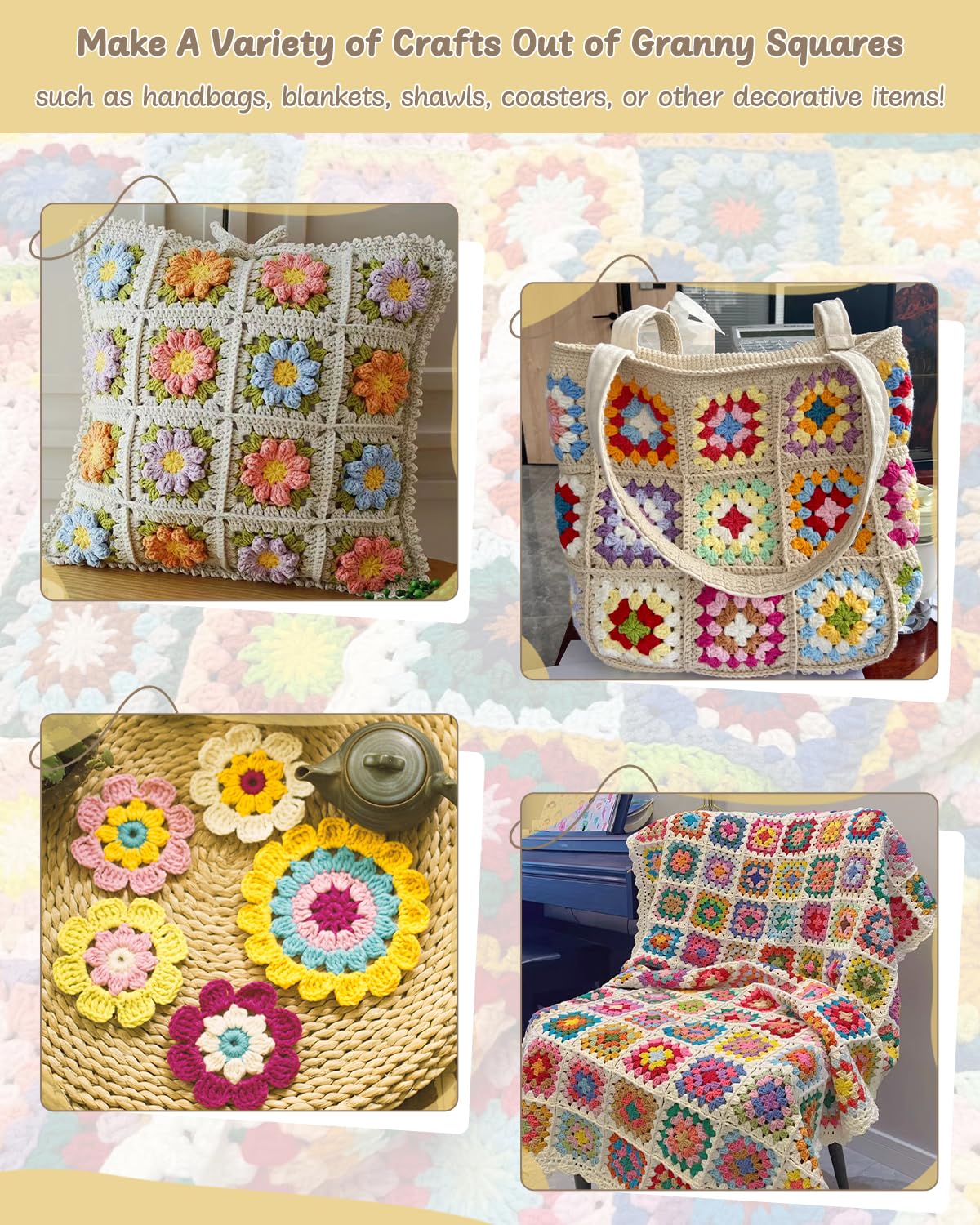 Beginner Crochet Kit for Adults & Kids - Granny Square Blanket & Bags Kit Includes Crochet Blocking Mat & Book