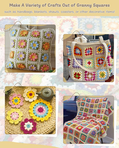 Beginner Crochet Kit for Adults & Kids - Granny Square Blanket & Bags Kit Includes Crochet Blocking Mat & Book