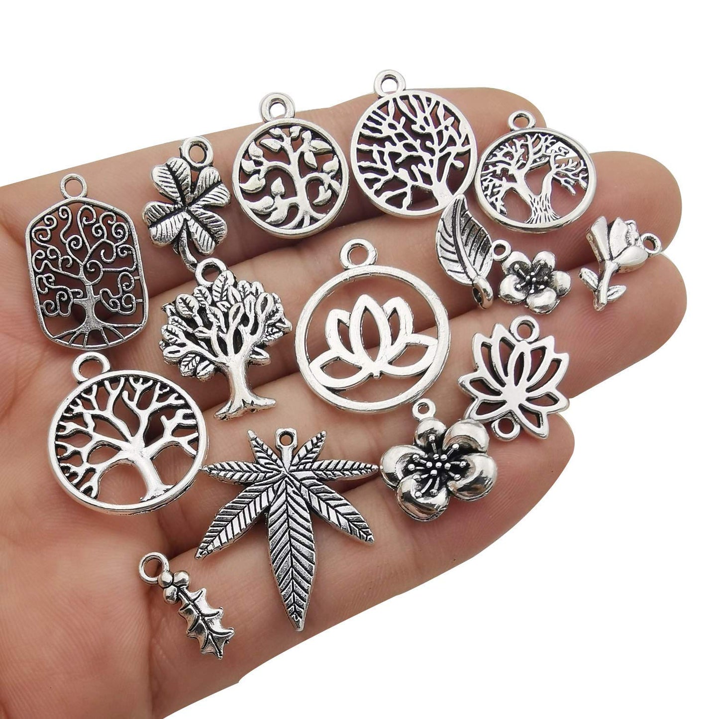 100pcs Mix Silver Tree Flower Charms Collection, Bulk Mini Small Little Charms Metal Pendant Craft Supplies Findings for Necklace and Bracelet Jewelry Making (HM291)