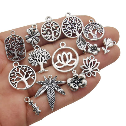 100pcs Mix Silver Tree Flower Charms Collection, Bulk Mini Small Little Charms Metal Pendant Craft Supplies Findings for Necklace and Bracelet Jewelry Making (HM291)