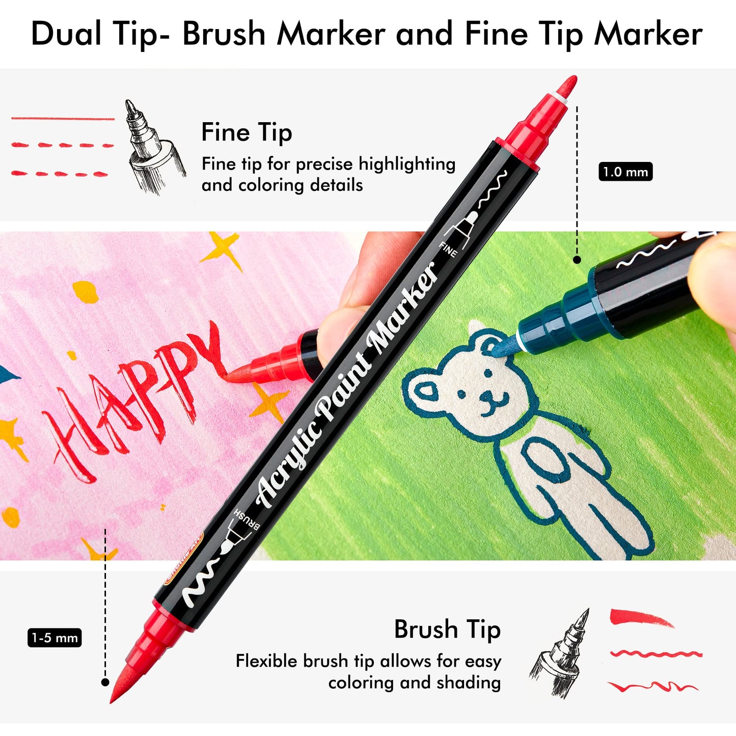 36 Colors Dual Tip Acrylic Paint Markers, Brush and Fine Tip for Rock Painting, Ceramic, Wood, Canvas, Plastic, Glass, Stone, Calligraphy, Card Making, DIY Crafts