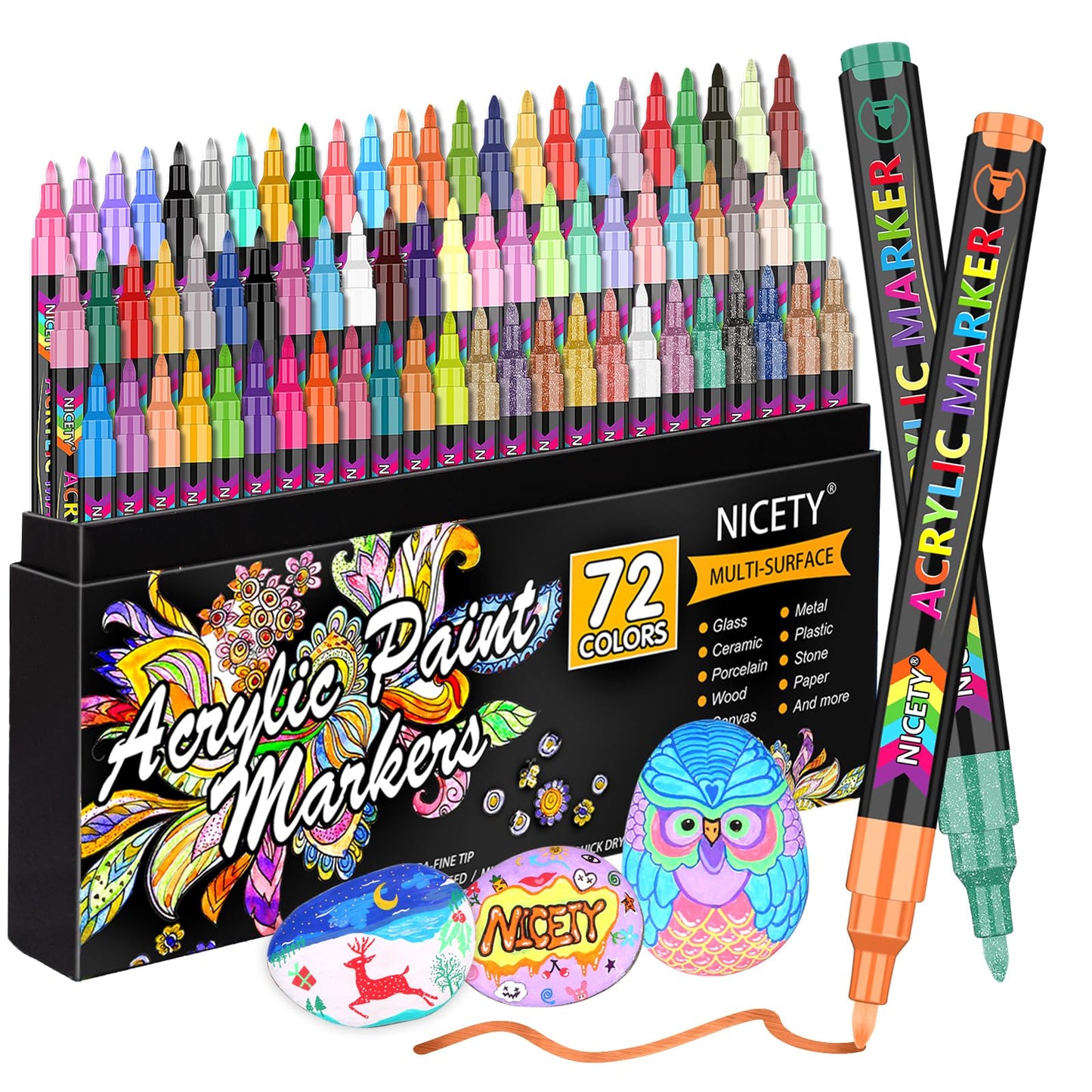 72 Colors Acrylic Paint Pens Paint Markers, Extra Fine Tip Point Acrylic Paint Pens for Rock Painting, Canvas, Wood, Ceramic, Glass, Stone, Fabric, DIY Crafts & Art Supplies