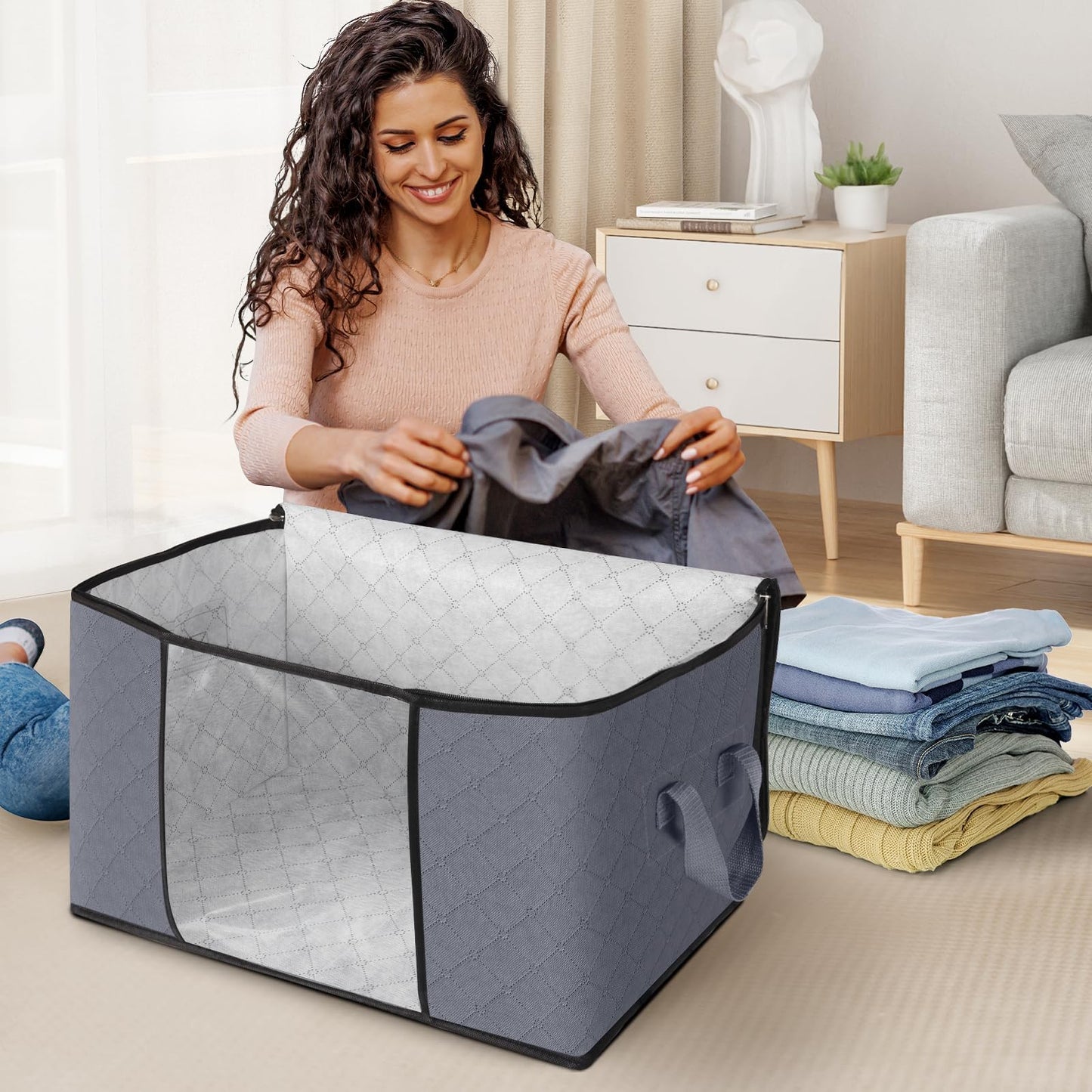 6 Pack Clothes Storage, Foldable Thick Fabric Blanket Storage Bags, Containers for Organizing Bedroom, Closet, Clothing, Comforter,Closet Organization with Handle,Grey