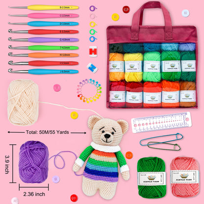 Crochet Yarn Kit for Beginners Adults and Kids, Includes 1650 Yards 30 Colors Acrylic Skeins, User Manual, Hooks, Wine Bag etc, Make Amigurumi & Projects, Starter Set Professionals