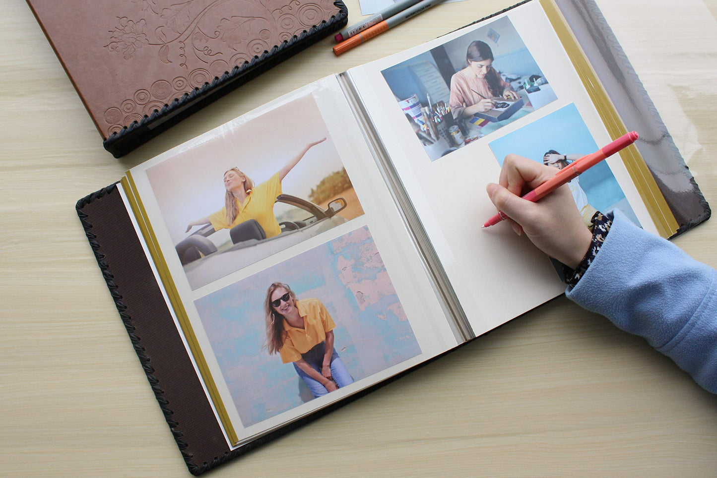 Photo Album Book, Family Album Self Adhesive Scrapbook, Leather Cover, Holds 3x5, 4x6, 5x7, 6x8, 8x10 Photos (Brown)