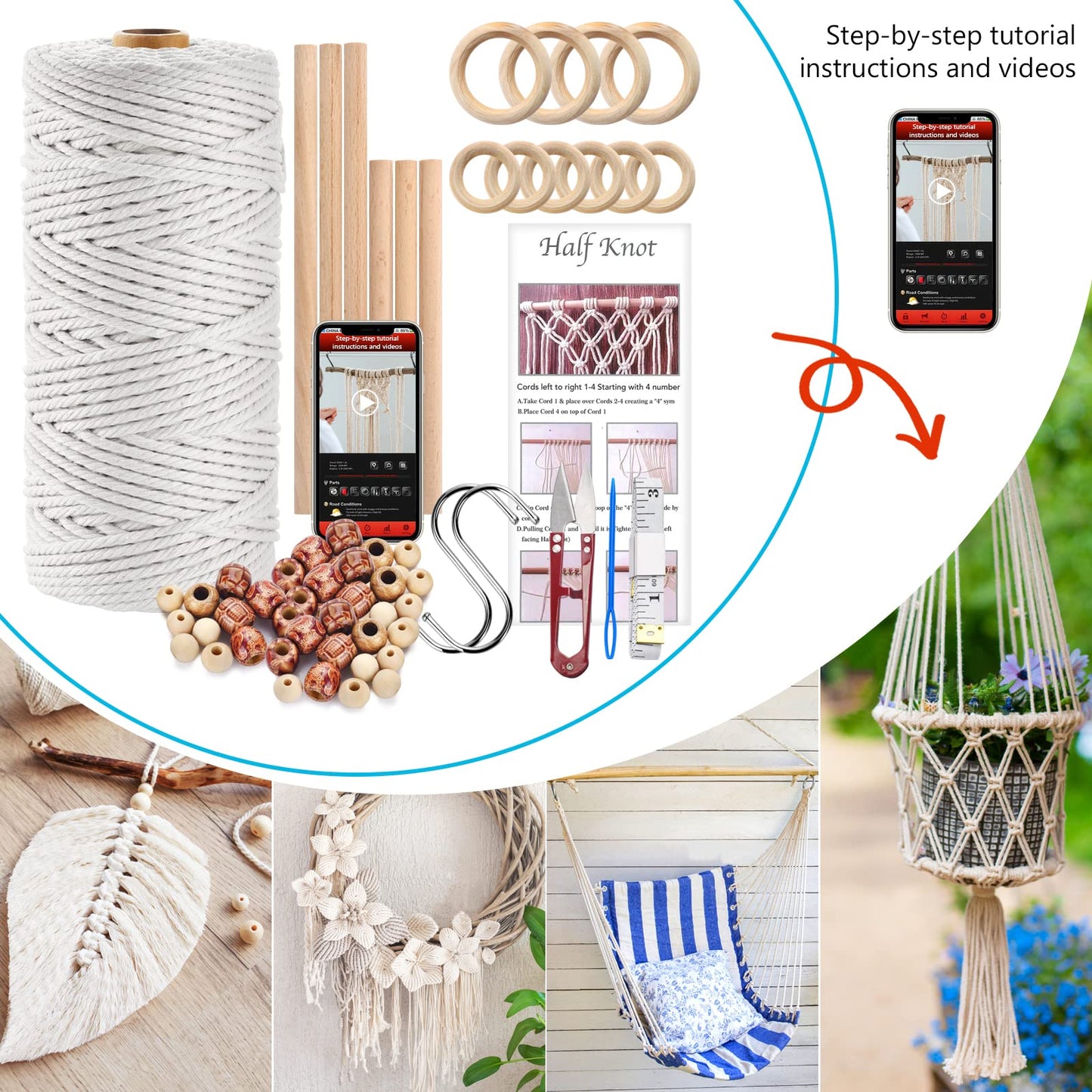 121Pcs Macrame Kit, Macrame Supplies 3mm x 109Yards Macrame Cord for Macrame Kits for Adults Beginners, with Accessories Like 100Pcs Beads and 10Pcs Wooden Rings for Macrame Plant Hanger Kit