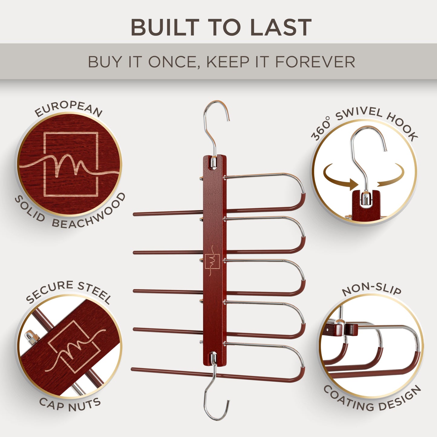 Pants Hangers Space Saving - European Beechwood Scarf and Jean Hangers - Closet Organizer and Space Saver Pant Rack, Leggings Hanger, and Scarf Holder with 360° Swivel Hook (1 Pack)