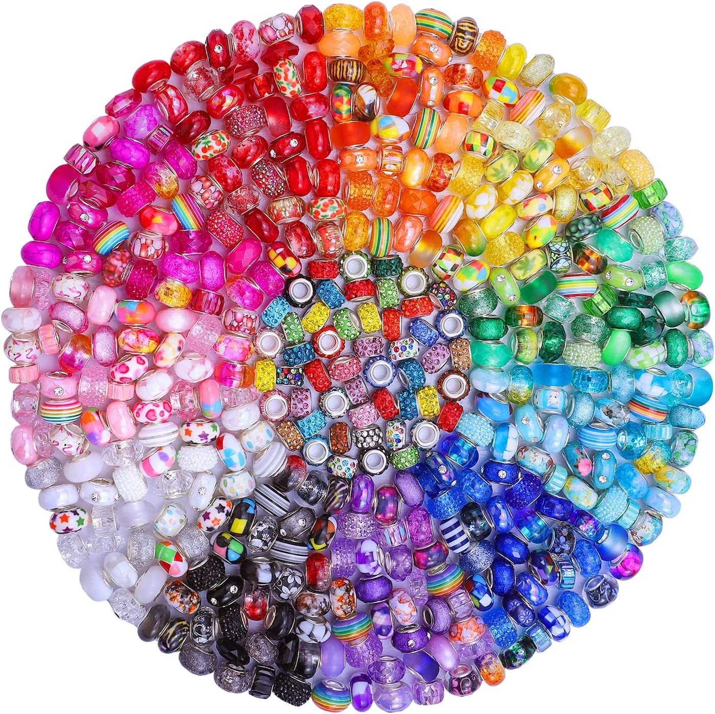 Assortment European Large Hole Beads Spacer Beads Rhinestone Craft Beads for DIY Charms Bracelet Jewelry Making (Rainbow)